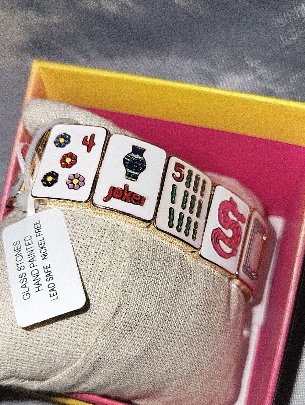 Piper K White Enamel Mahjong Tile Bracelet with Pink Flower and Blue STRETCH TI - Picture 2 of 3